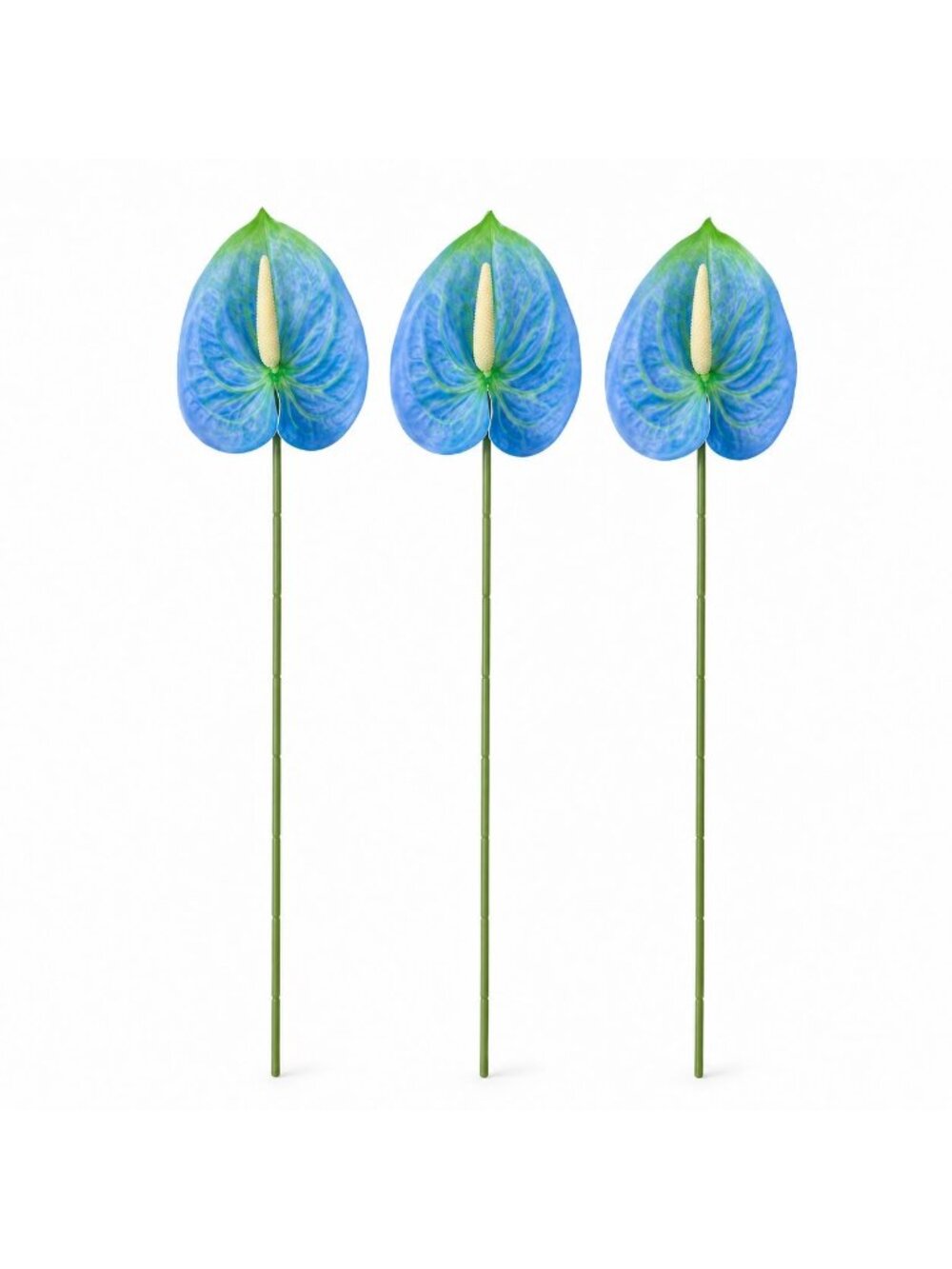 Blue Green Artificial Anthurium Stems Set of 3, 24 Inch Real Touch Tropical Flow